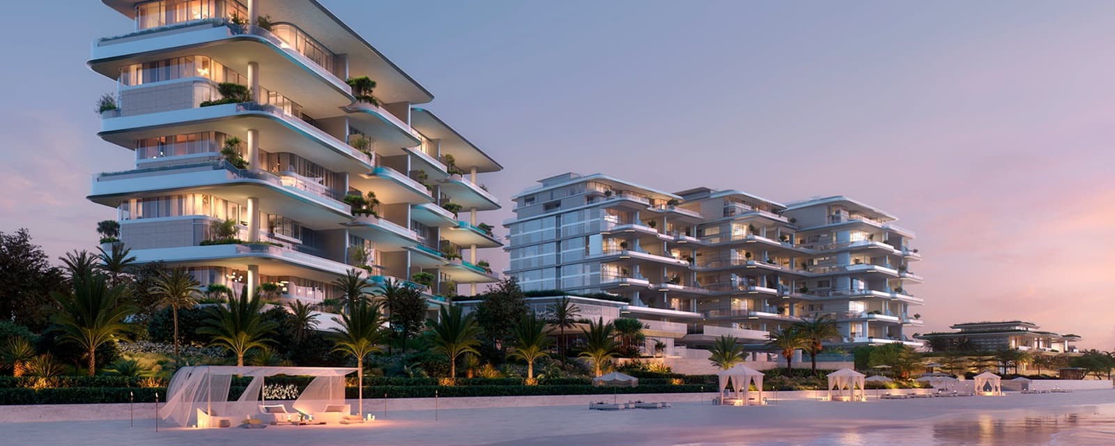 Beachfront residential development in Dubai at dusk