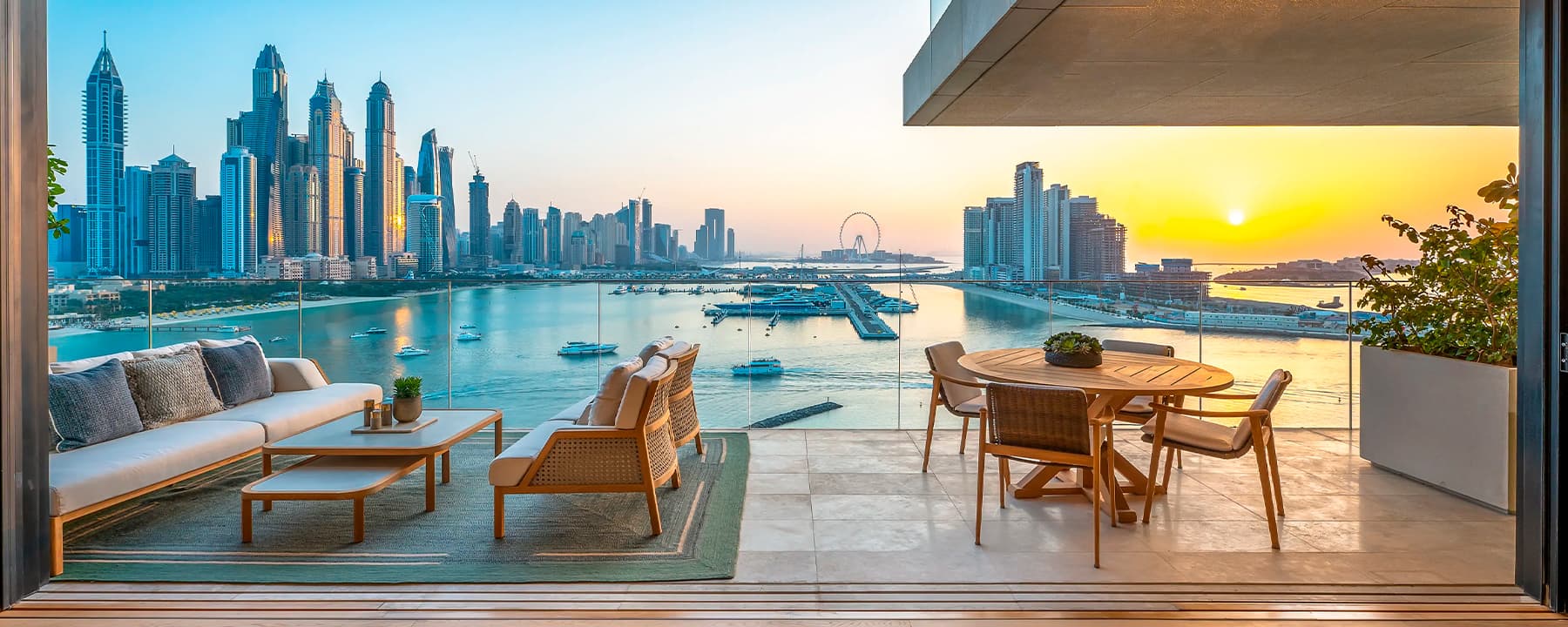 Terrace overlooking Dubai Marina at sunset